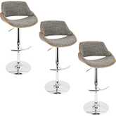 Fabrizzi Adjustable Swivel Bar Stool in Chrome, Walnut Wood & Grey Noise Fabric (Set of 3)